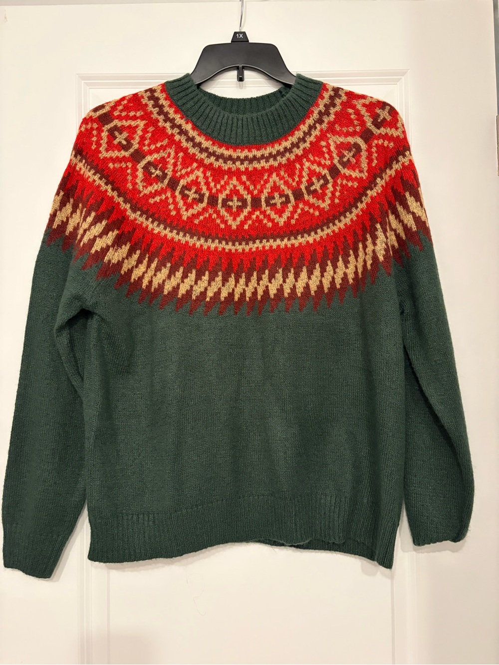 Natural Reflections Women's Fair Isle Crewneck Sweater in Green, Red & Cream